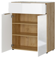 Kommode mit Holzoptik und weißen Türen, offene Perspektive von vorne