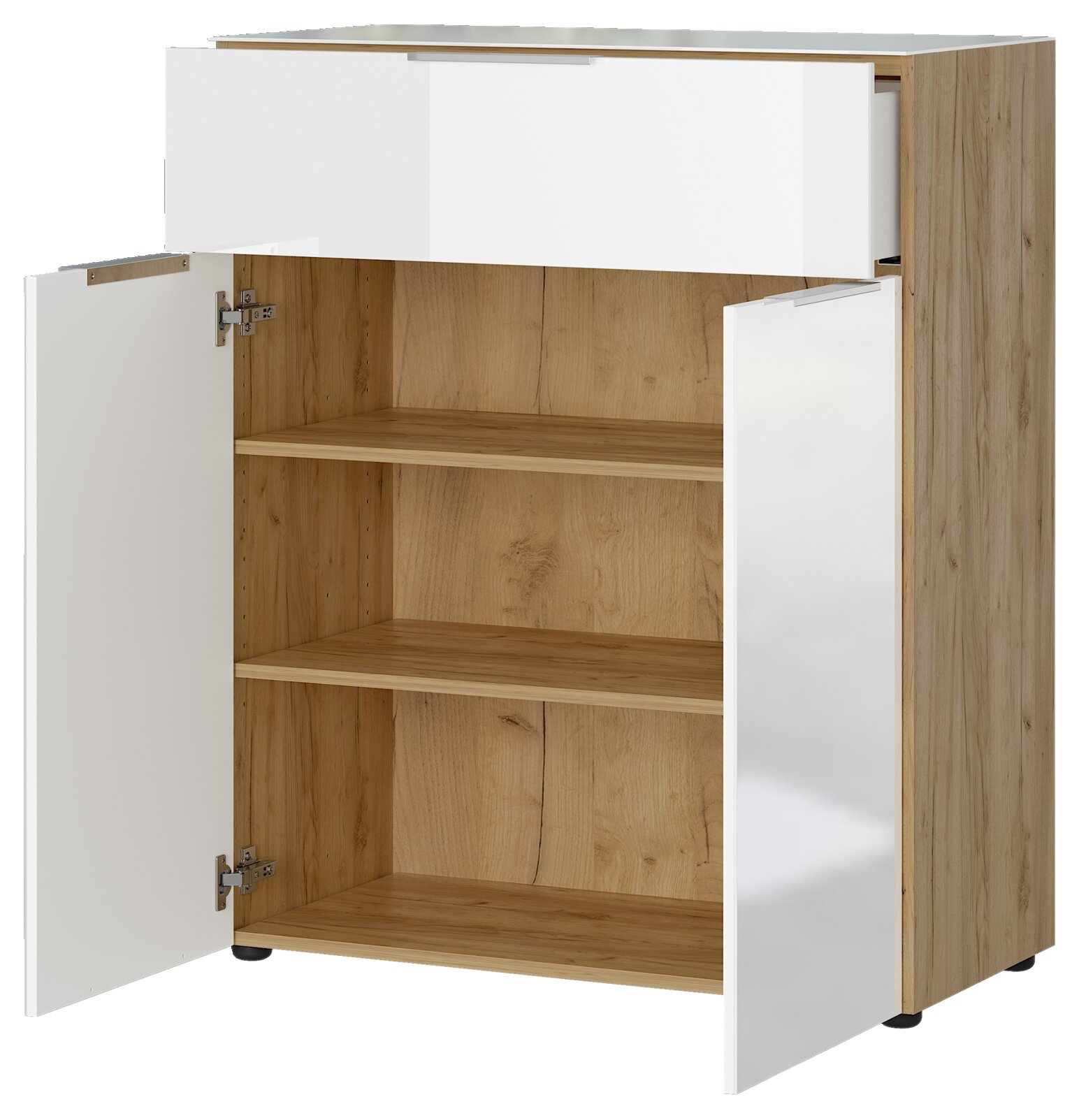 Commode met houtlook en witte deuren, open aanzicht van voren