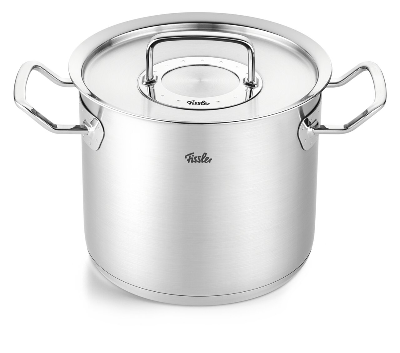 Hoher Kochtopf aus Edelstahl mit Deckel und zwei Griffen, seitliche Perspektive