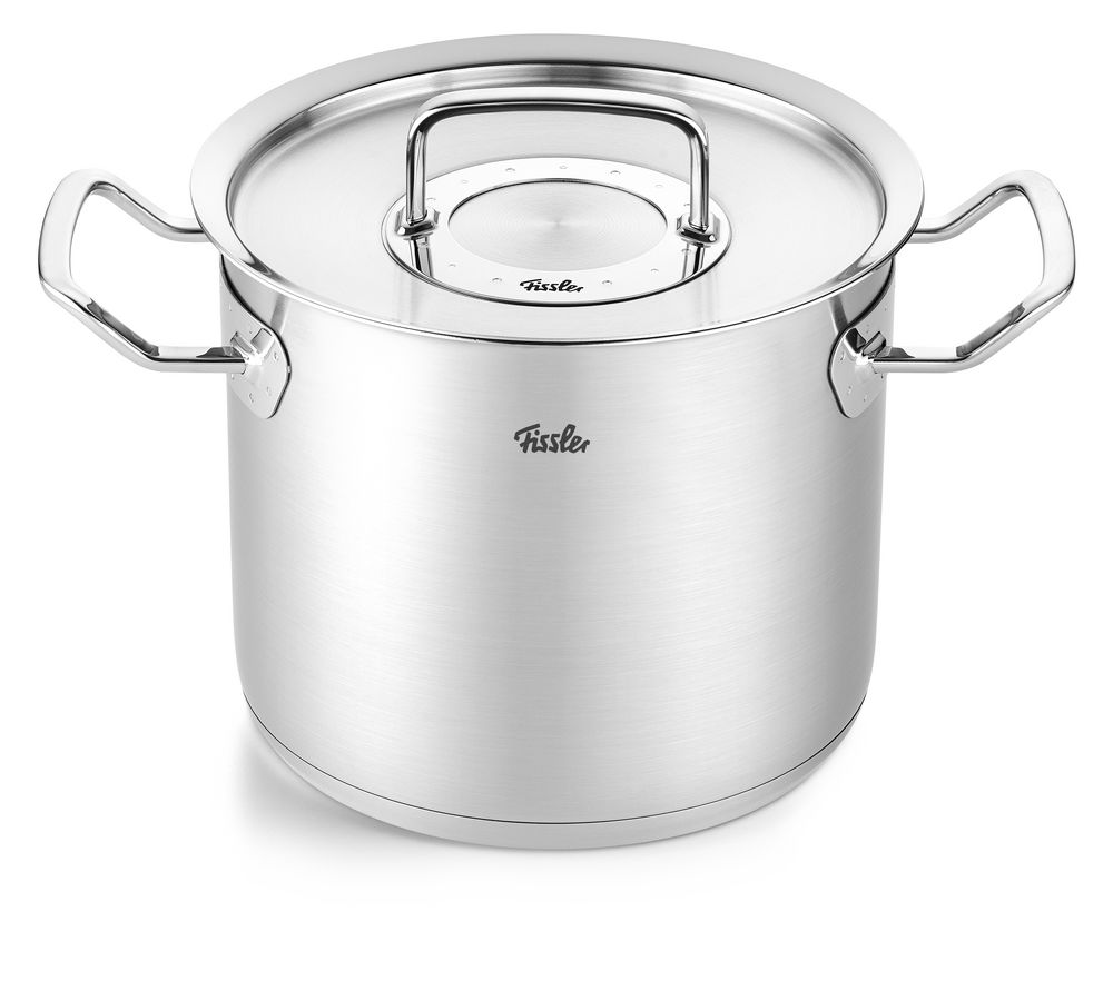 Hoher Kochtopf aus Edelstahl mit Deckel und zwei Griffen, seitliche Perspektive