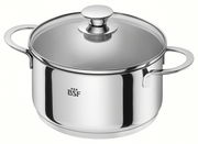 Edelstahlkochtopf mit Glasdeckel und zwei Griffen, seitliche Perspektive