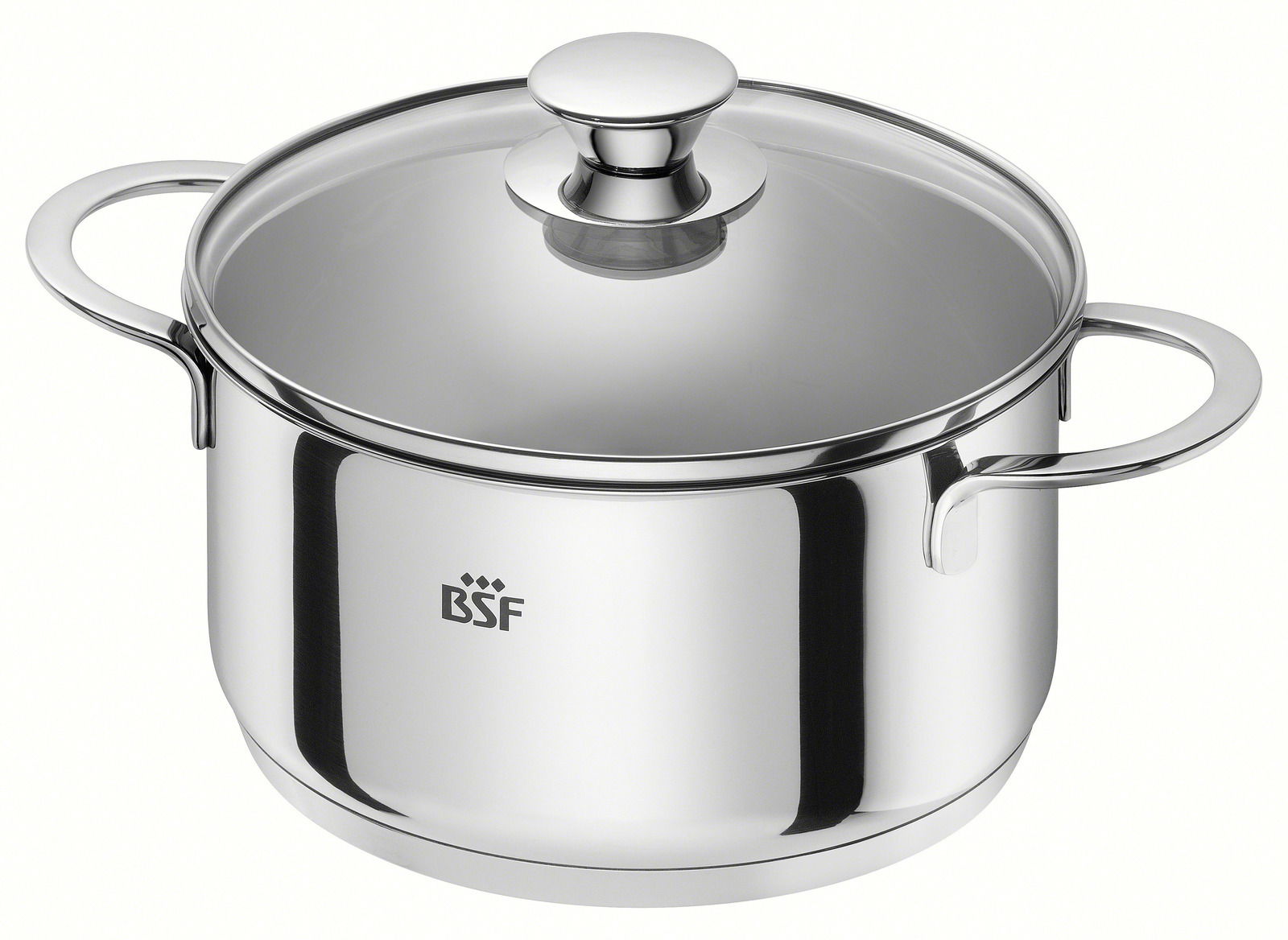 Edelstahlkochtopf mit Glasdeckel und zwei Griffen, seitliche Perspektive