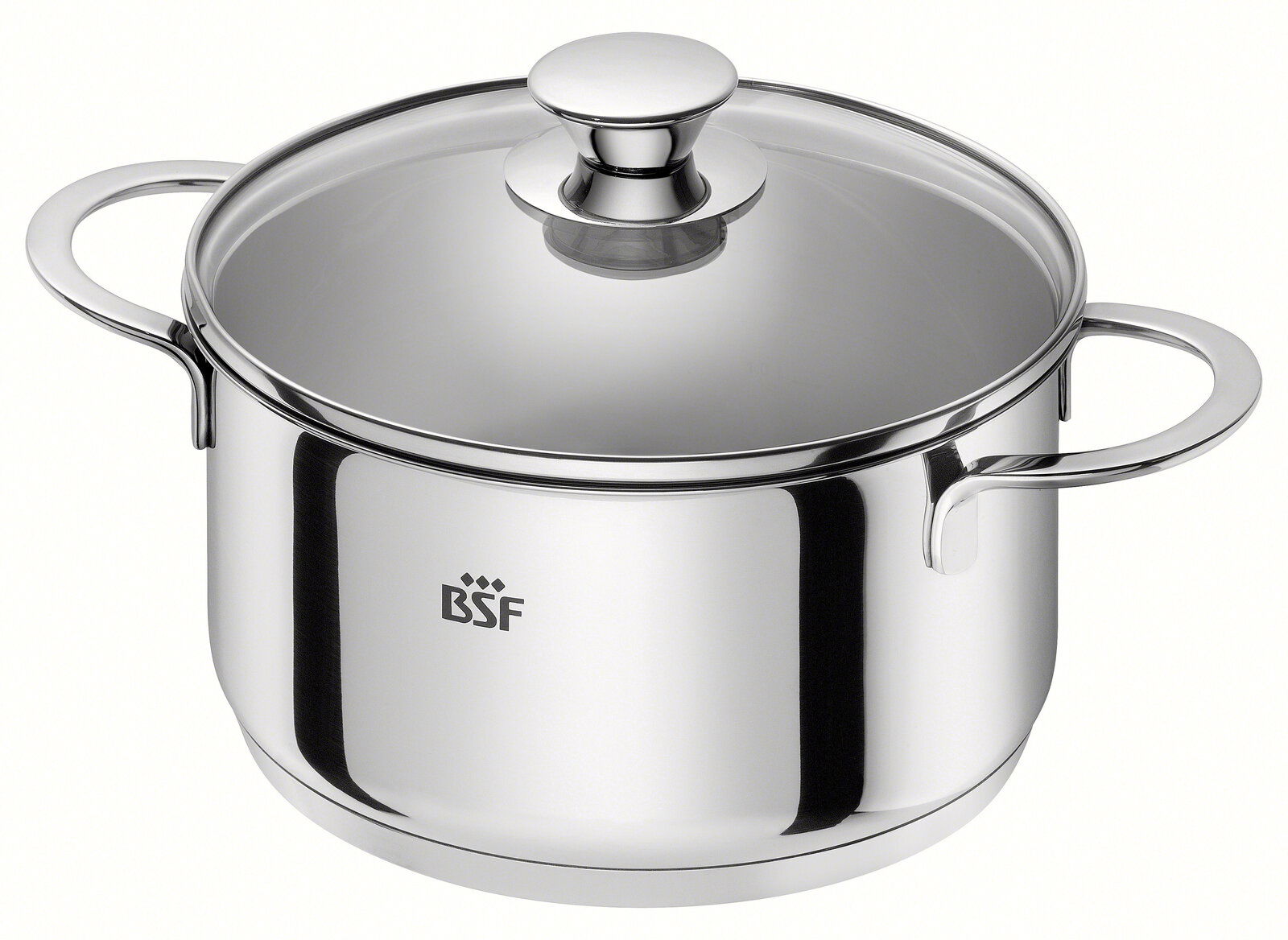 Edelstahlkochtopf mit Glasdeckel und zwei Griffen, seitliche Perspektive