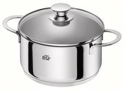 Edelstahlkochtopf mit Glasdeckel und zwei Griffen, seitliche Perspektive