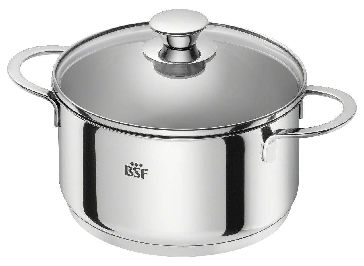 Edelstahlkochtopf mit Glasdeckel und zwei Griffen, seitliche Perspektive