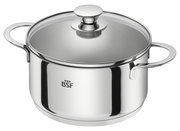 Edelstahlkochtopf mit Glasdeckel und zwei Griffen, seitliche Perspektive