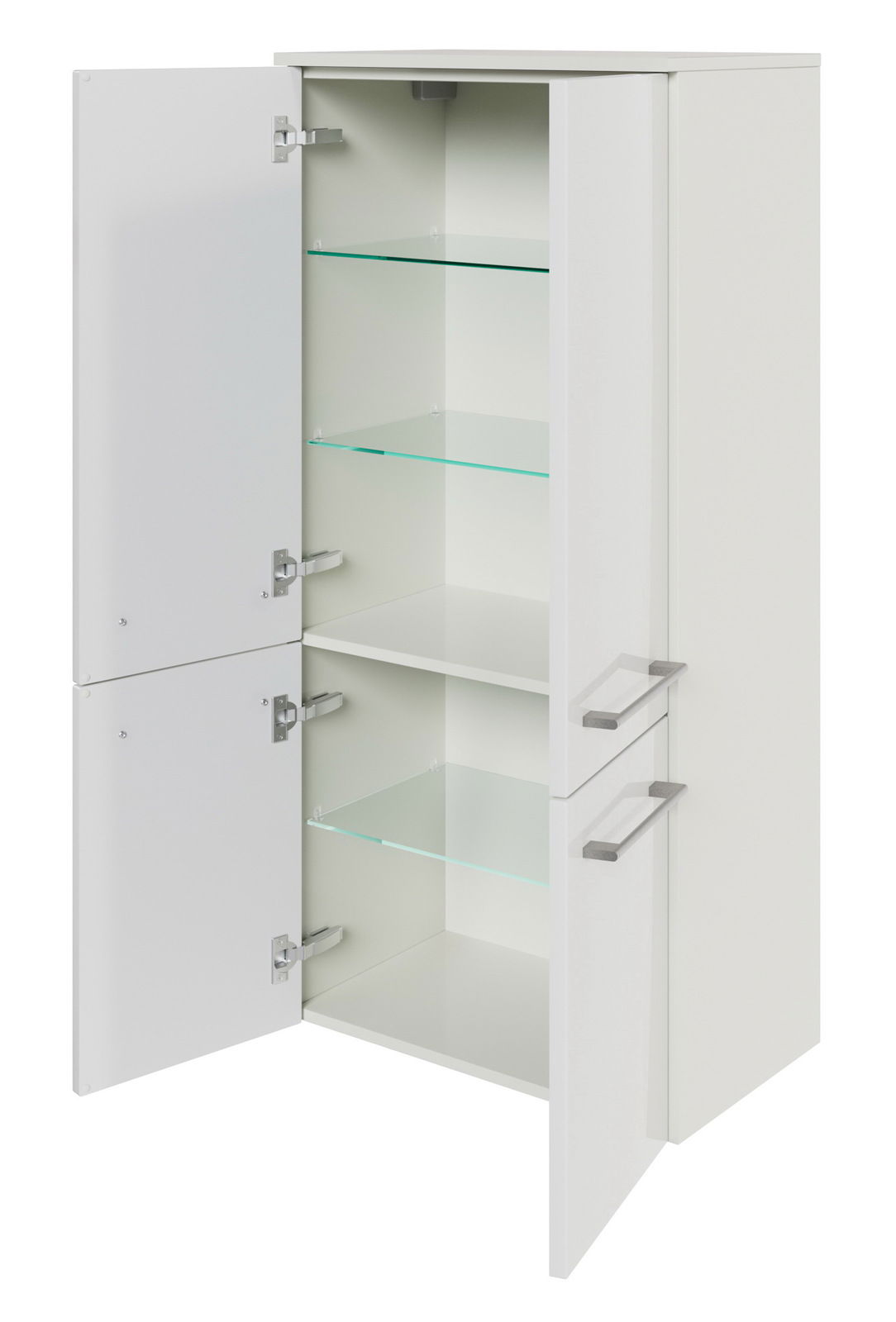 Sadena Midischrank PLAKA Weißer Midischrank mit zwei geöffneten Türen, Glasböden und silbernen Griffen, seitliche Perspektive