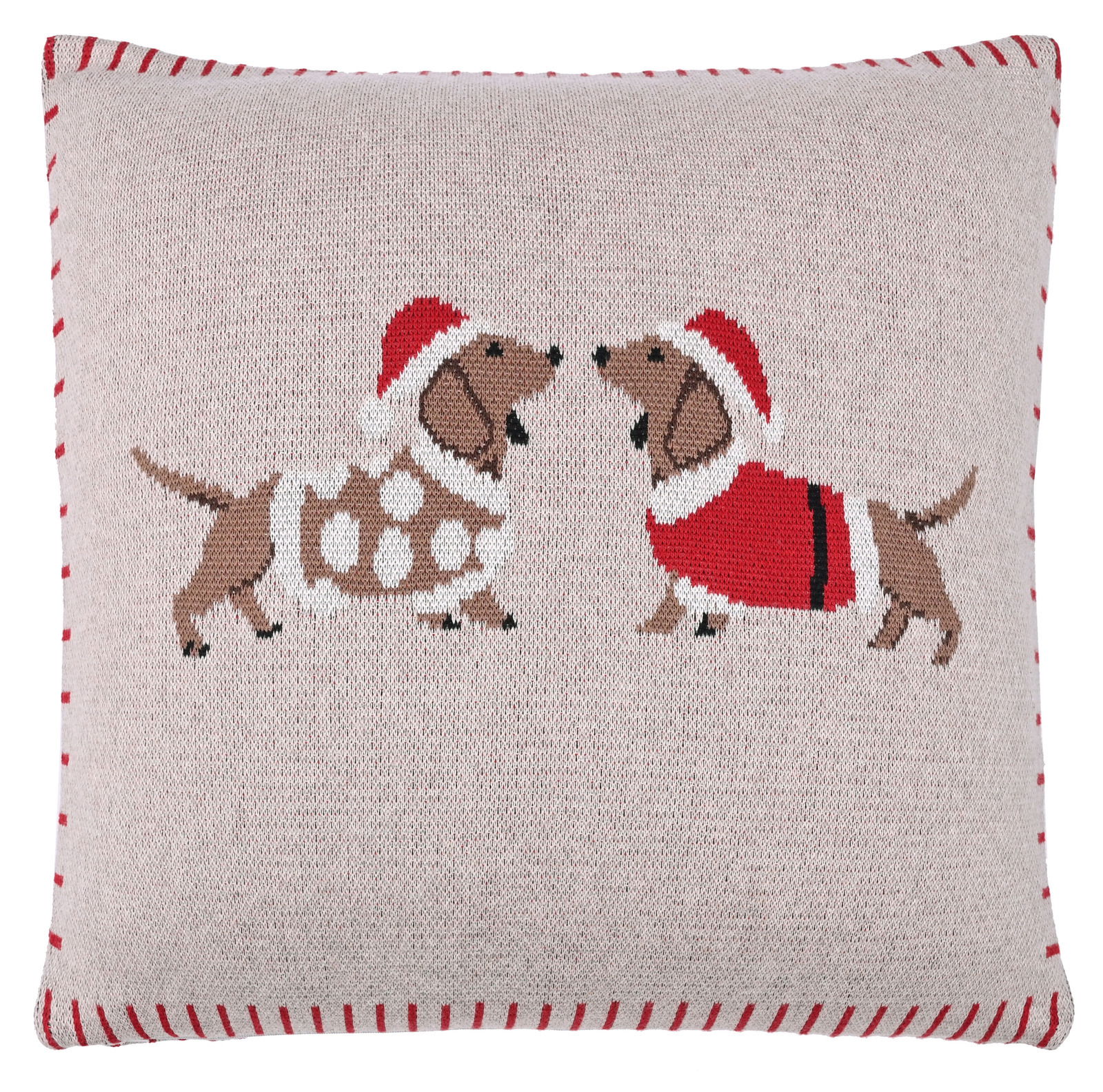 Zierkissen mit zwei Dackeln in Weihnachtskleidung, Vorderansicht