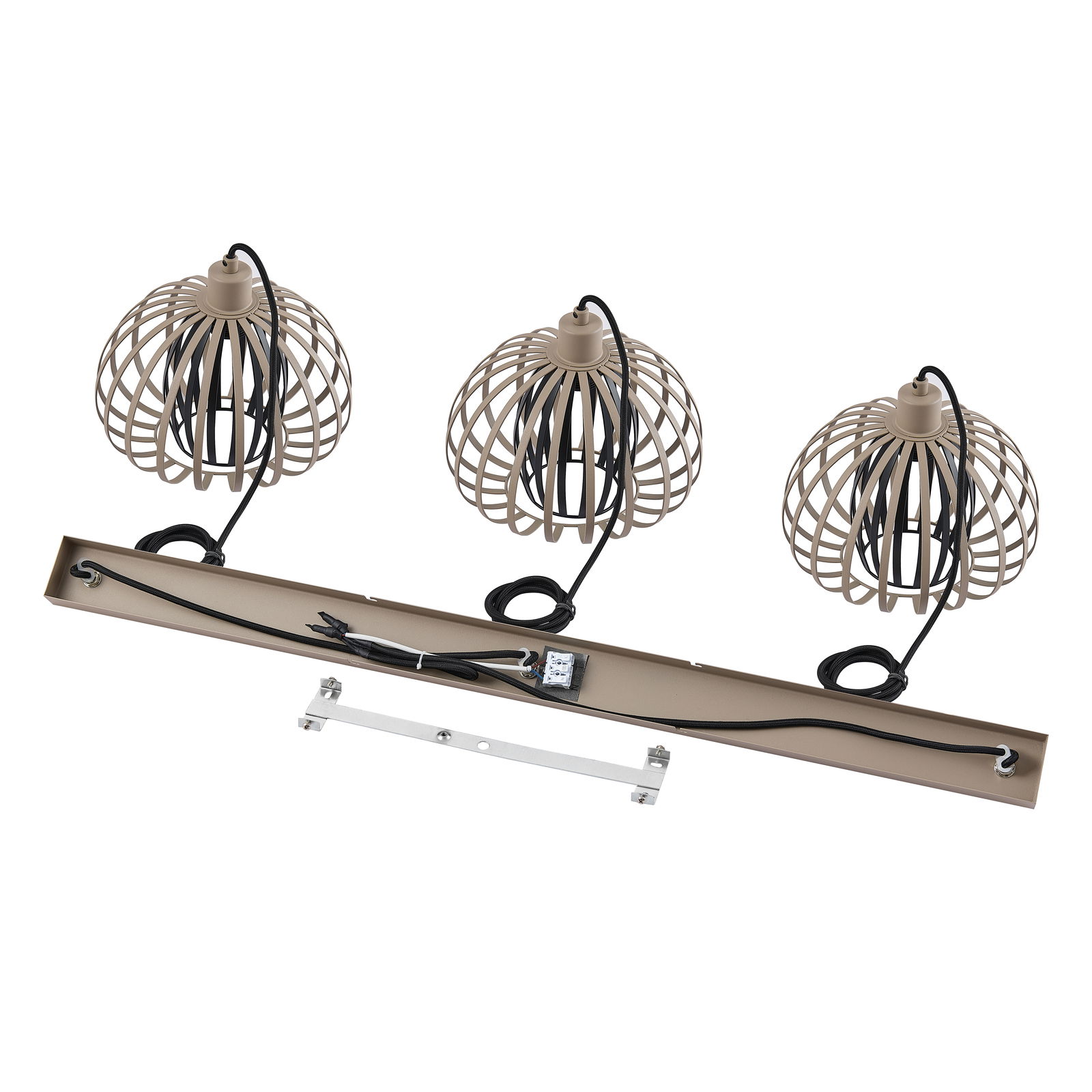 Draufsicht auf eine Hängeleuchte mit drei kugelförmigen Lampenschirmen aus Metallstreben und sichtbaren Kabeln.