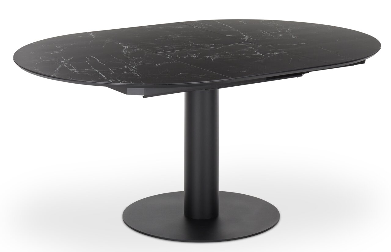 Schwarzer Esstisch mit ovaler Marmoroptik-Tischplatte und zentralem Standfuß, seitliche Perspektive
