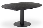 Schwarzer Esstisch mit ovaler Marmoroptik-Tischplatte und zentralem Standfuß, seitliche Perspektive