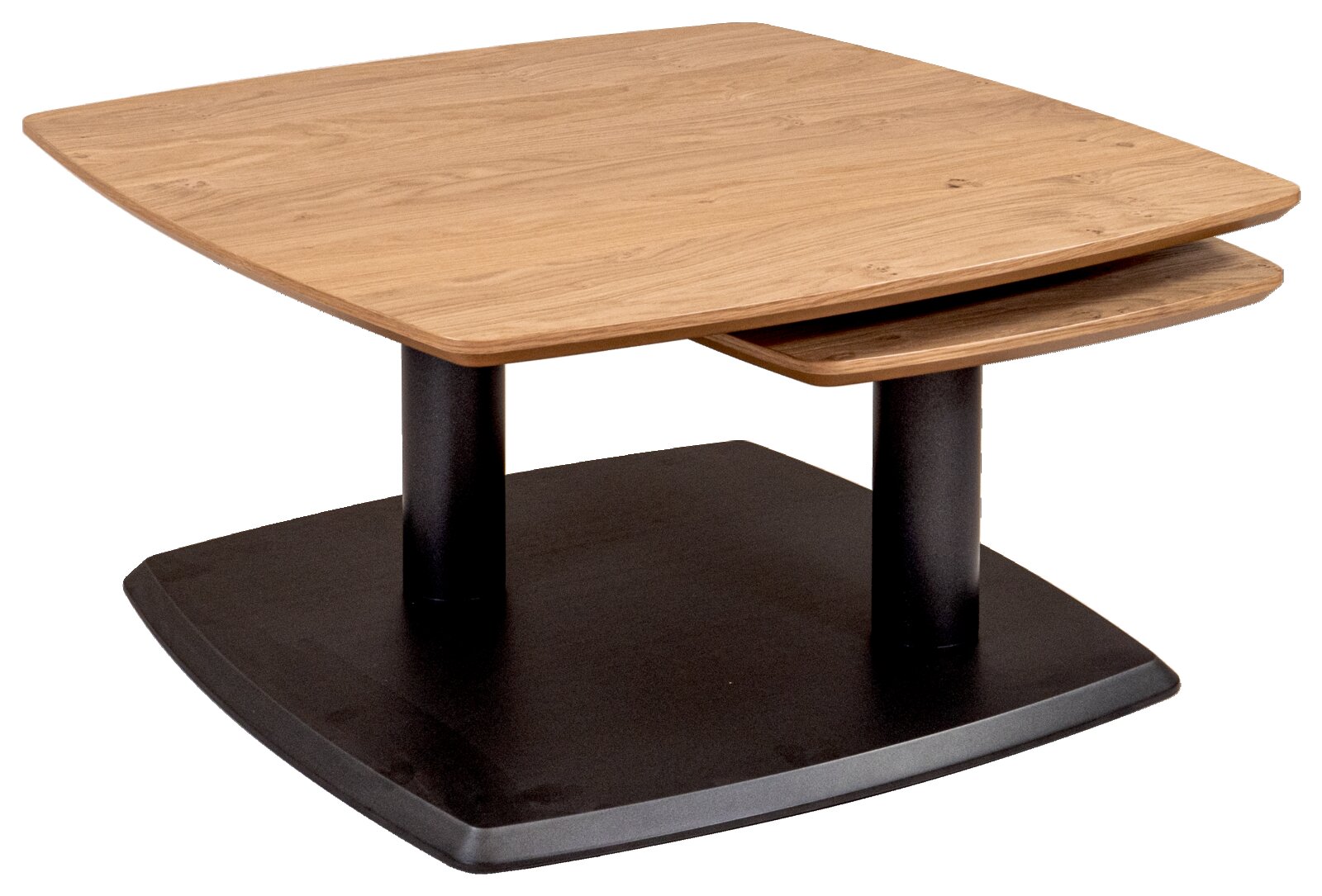 Moderner Couchtisch mit Holzplatte und schwarzem Sockel, seitliche Perspektive