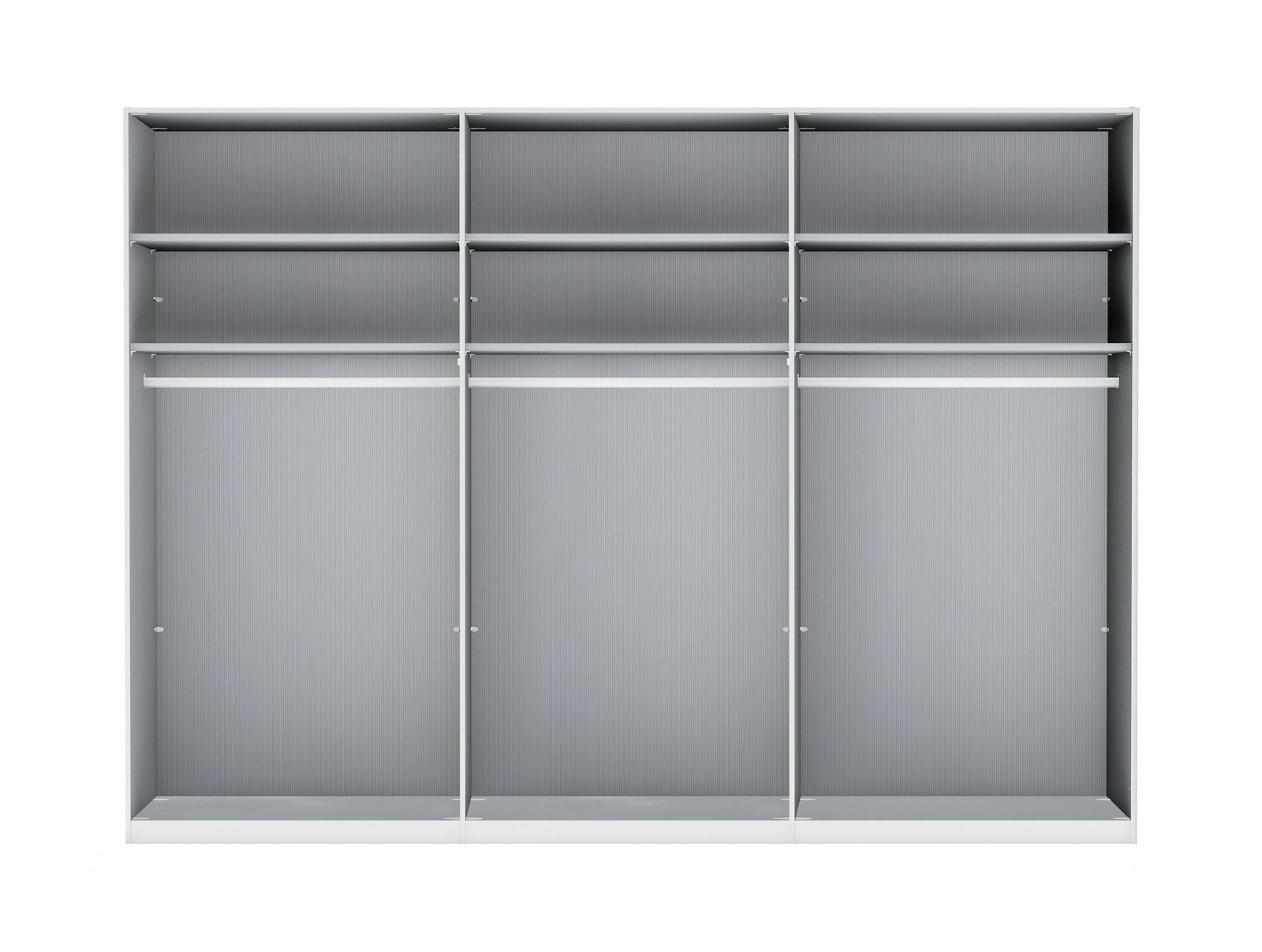 Frontale Ansicht eines grauen Drehtürenschranks mit mehreren Fächern und Kleiderstangen.