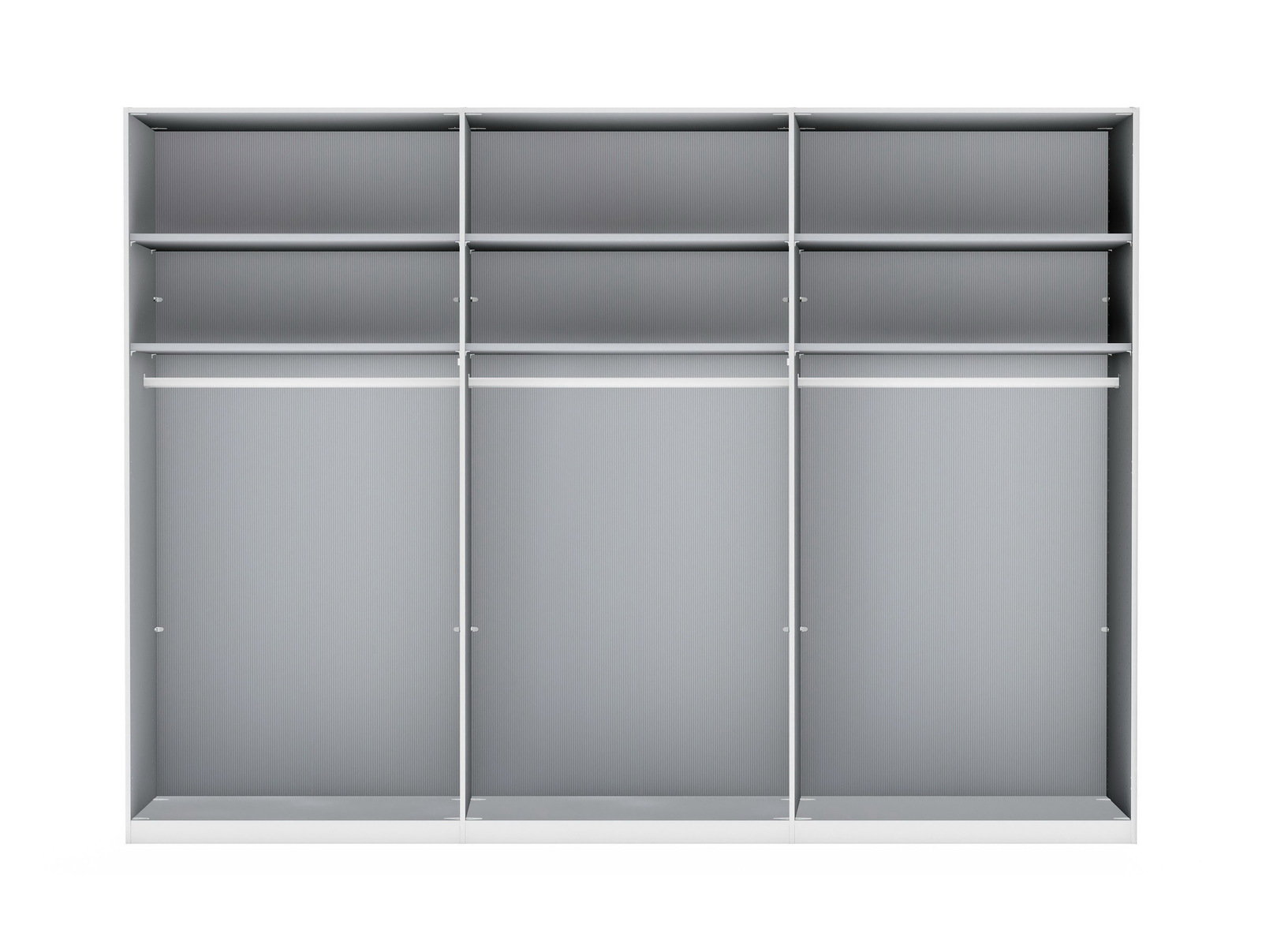 Frontale Ansicht eines grauen Drehtürenschranks mit mehreren Fächern und Kleiderstangen.