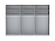 Frontale Ansicht eines grauen Drehtürenschranks mit mehreren Fächern und Kleiderstangen.