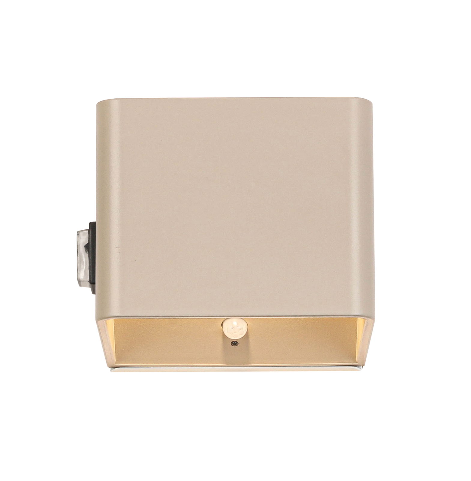 Frontale Ansicht einer modernen, rechteckigen Akku-Wandleuchte in neutralem Farbton.