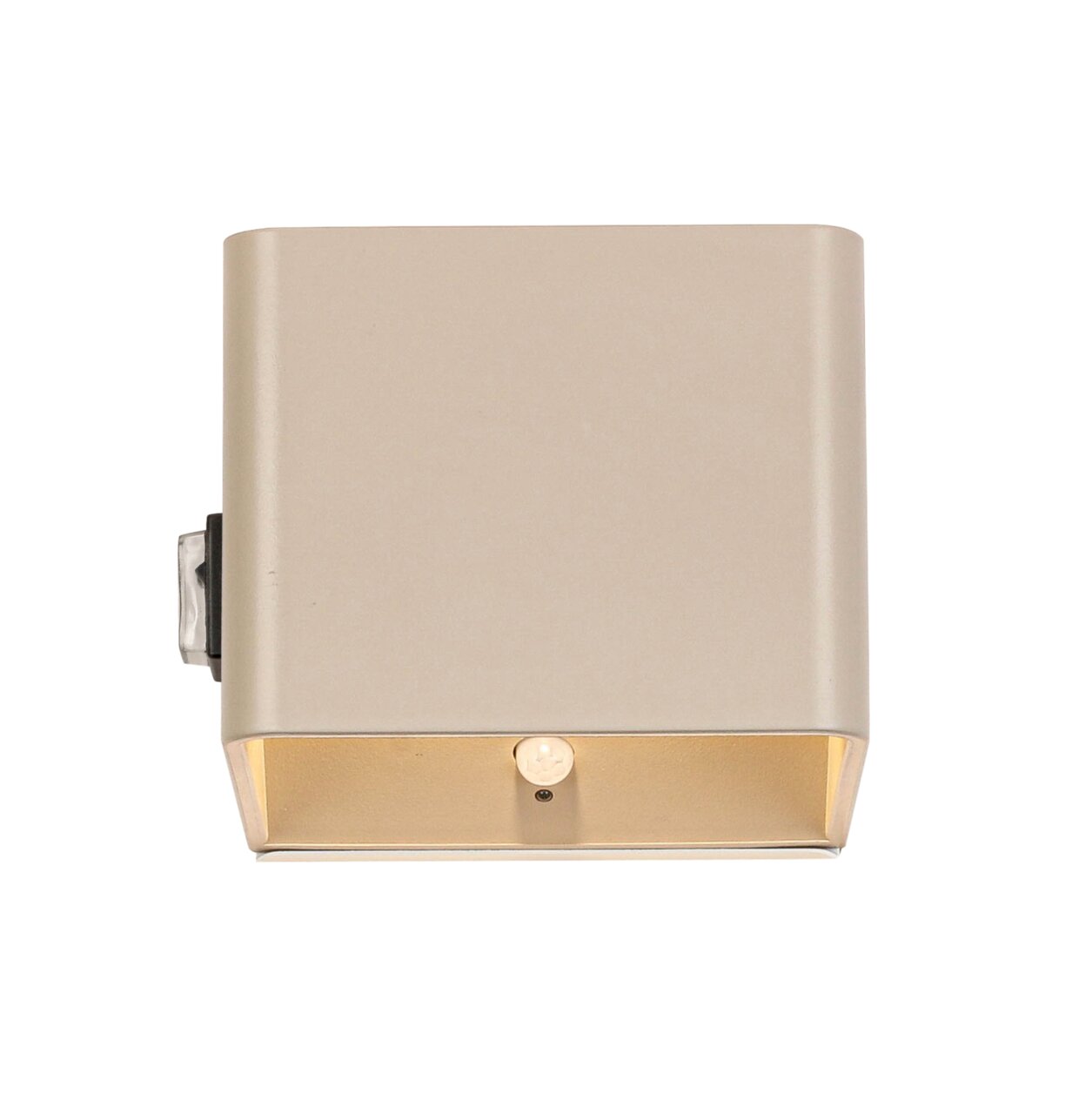 Vooraanzicht van een moderne, rechthoekige wandlamp op accu in een neutrale kleur.