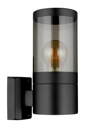 Moderne schwarze Außenleuchte mit zylindrischem Glasgehäuse, seitliche Perspektive