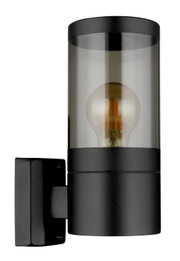 Moderne schwarze Außenleuchte mit zylindrischem Glasgehäuse, seitliche Perspektive