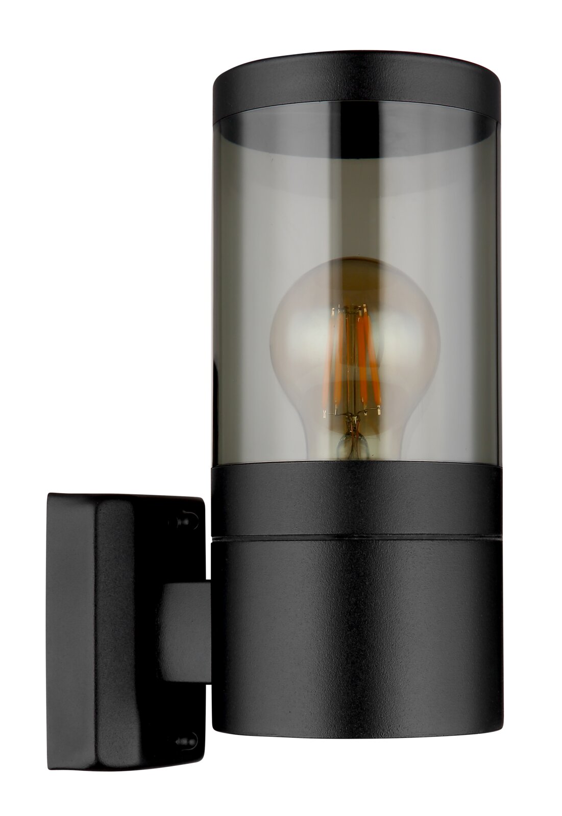 Moderne schwarze Außenleuchte mit zylindrischem Glasgehäuse, seitliche Perspektive