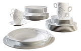 Kombiservice Trio Highl. 30-teilig, bestehend aus Tellern, Tassen und Untertassen in elegantem, modernem Design mit feinen Linien. Perspektive: seitliche Ansicht auf das gesamte Set.