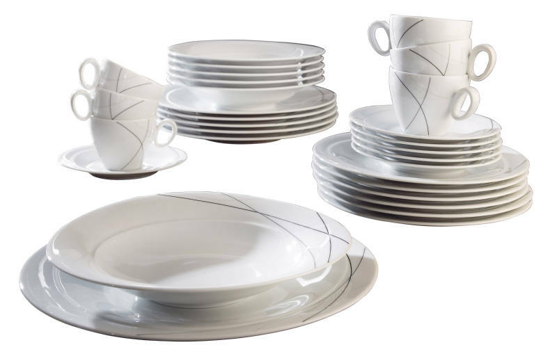 Seltmann Weiden Kombiservice 30tlg TRIO HIGHLINE Kombiservice Trio Highl. 30-teilig, bestehend aus Tellern, Tassen und Untertassen in elegantem, modernem Design mit feinen Linien. Perspektive: seitliche Ansicht auf das gesamte Set.