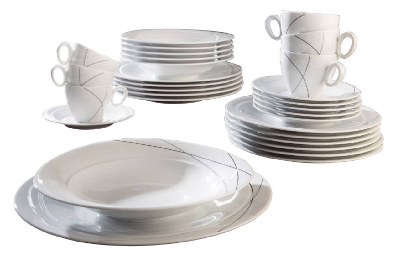Kombiservice Trio Highl. 30-teilig, bestehend aus Tellern, Tassen und Untertassen in elegantem, modernem Design mit feinen Linien. Perspektive: seitliche Ansicht auf das gesamte Set.