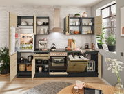 Moderne Küchenzeile mit offenen Schränken, Kühlschrank, Herd und Spüle, aus der Perspektive eines hellen, gemütlichen Raumes mit Pflanzen und Dekorationen.