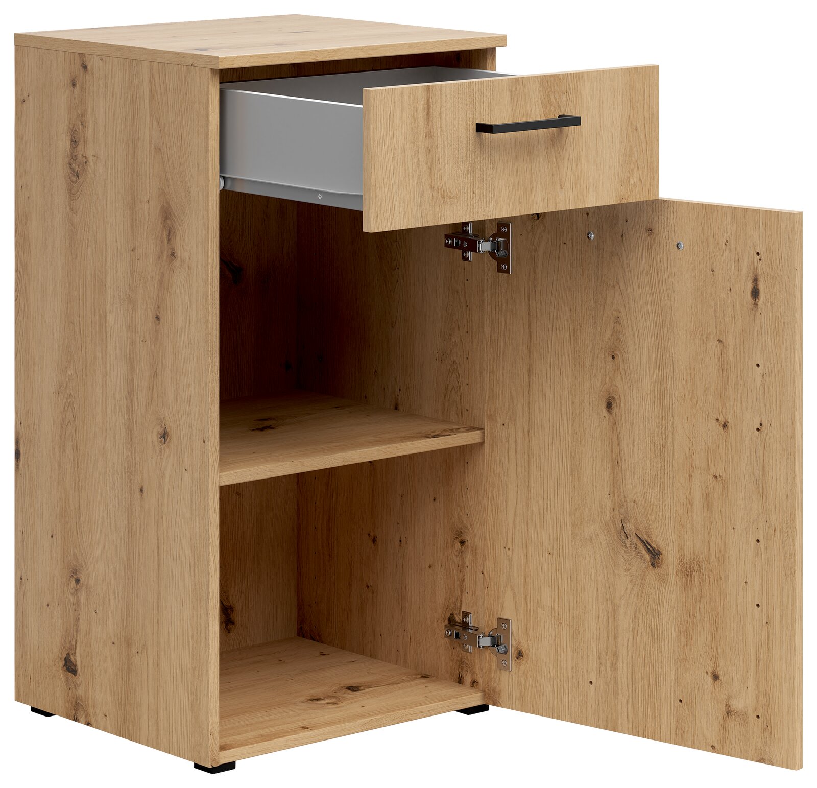 Kommode aus Holz mit einer offenen Schublade und einer geöffneten Tür, die einen Einlegeboden zeigt. Perspektive von vorne rechts.