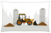 Bagger auf einer Baustelle vor einer Stadtsilhouette, Seitenansicht