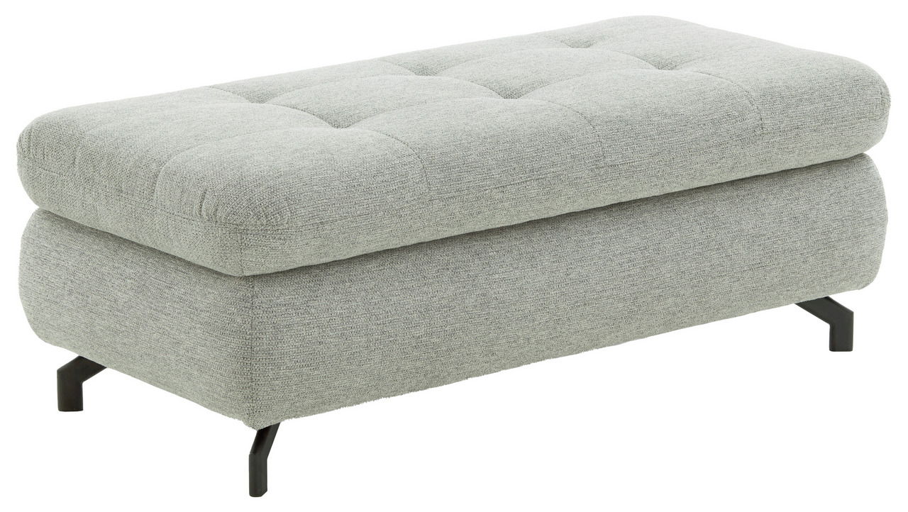 Grauer XXL-Hocker mit gepolsterter Oberfläche und schwarzen Beinen, seitliche Perspektive