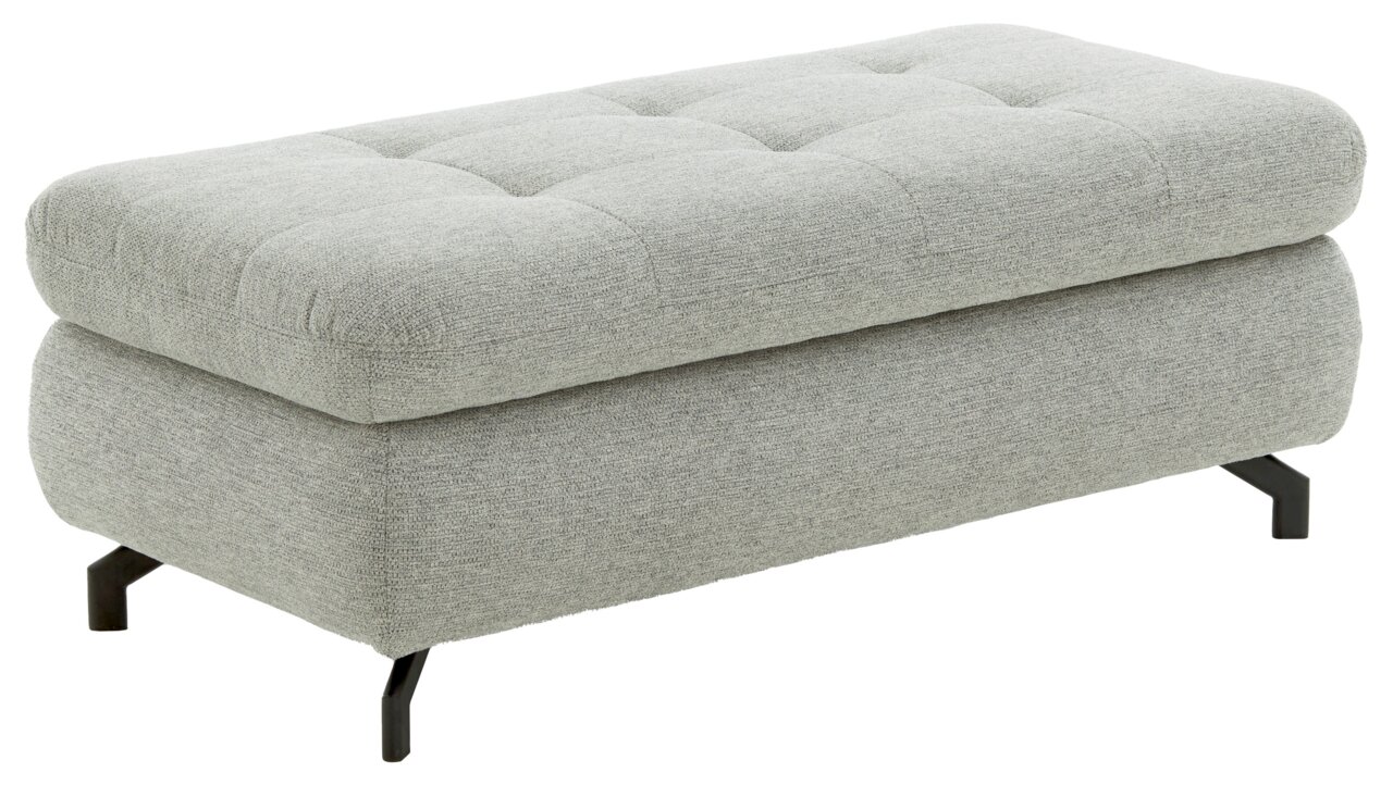 Grauer XXL-Hocker mit gepolsterter Oberfläche und schwarzen Beinen, seitliche Perspektive