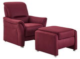 Roter Sessel mit passendem Hocker, seitliche Perspektive
