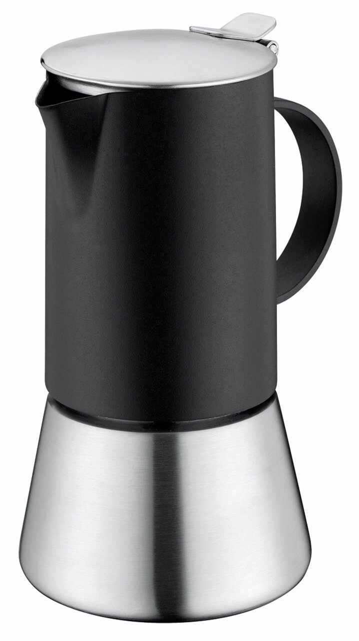 Espressokocher Aida Due 4T aus Edelstahl und schwarzem Material, seitliche Perspektive