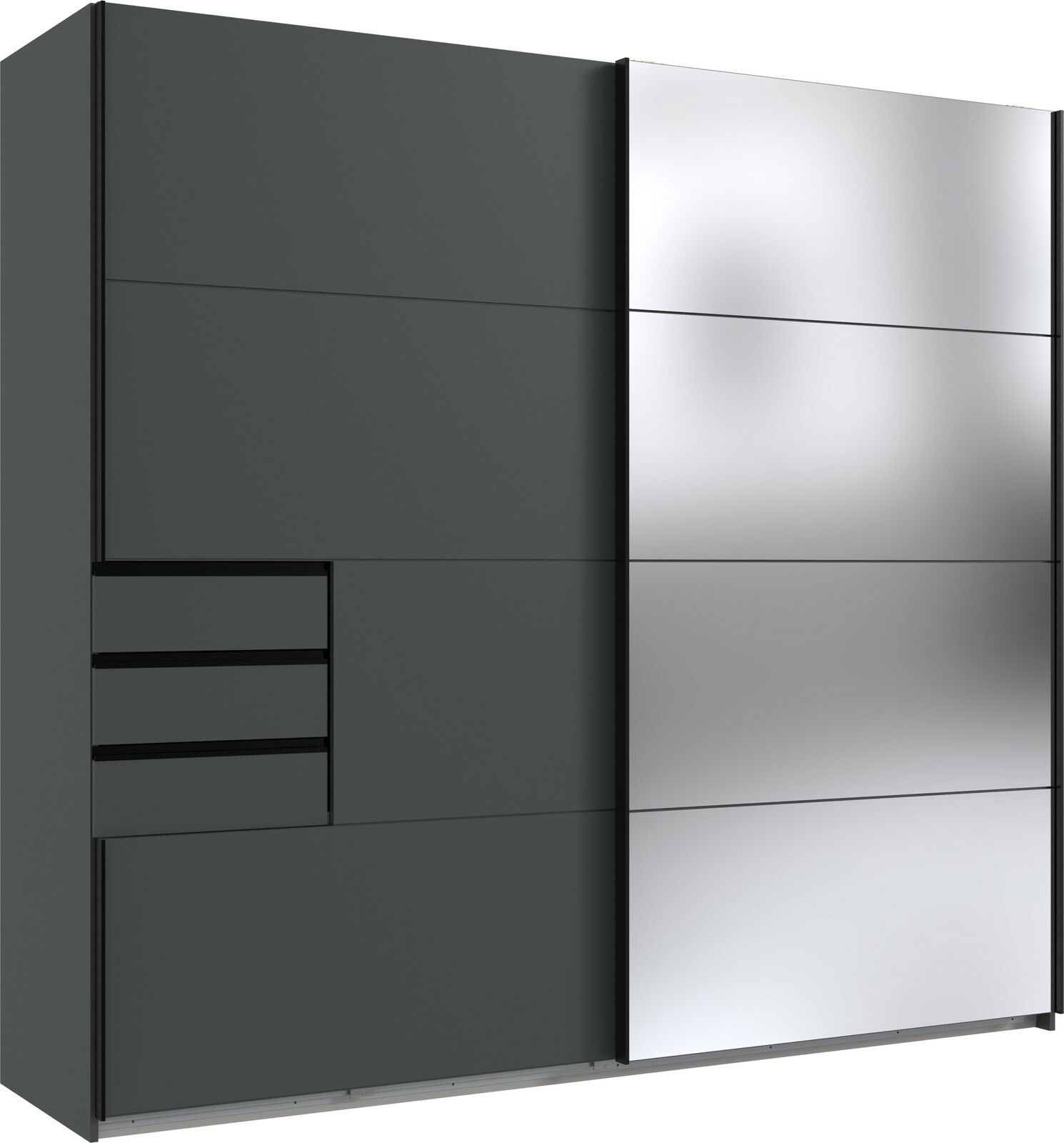 Moderner Schwebetürenschrank mit zwei Türen, linke Seite in dunklem Grau mit Schubladen, rechte Seite mit spiegelnder Oberfläche, Frontalansicht.