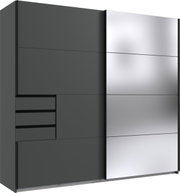 Moderner Schwebetürenschrank mit zwei Türen, linke Seite in dunklem Grau mit Schubladen, rechte Seite mit spiegelnder Oberfläche, Frontalansicht.