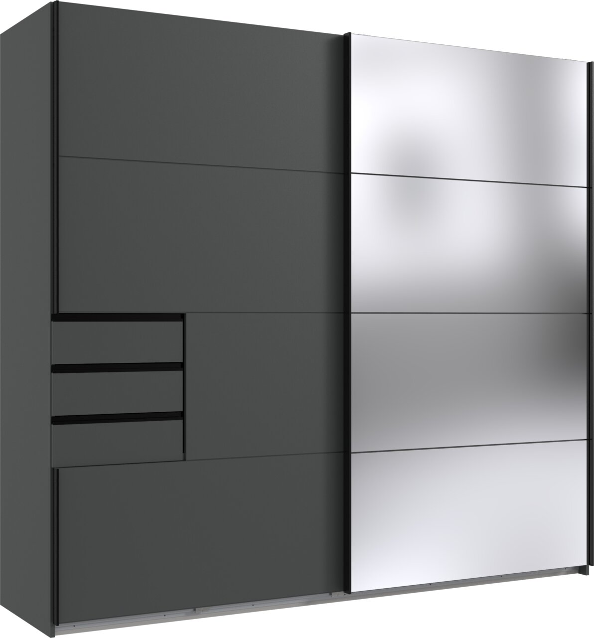 Moderner Schwebetürenschrank mit zwei Türen, linke Seite in dunklem Grau mit Schubladen, rechte Seite mit spiegelnder Oberfläche, Frontalansicht.
