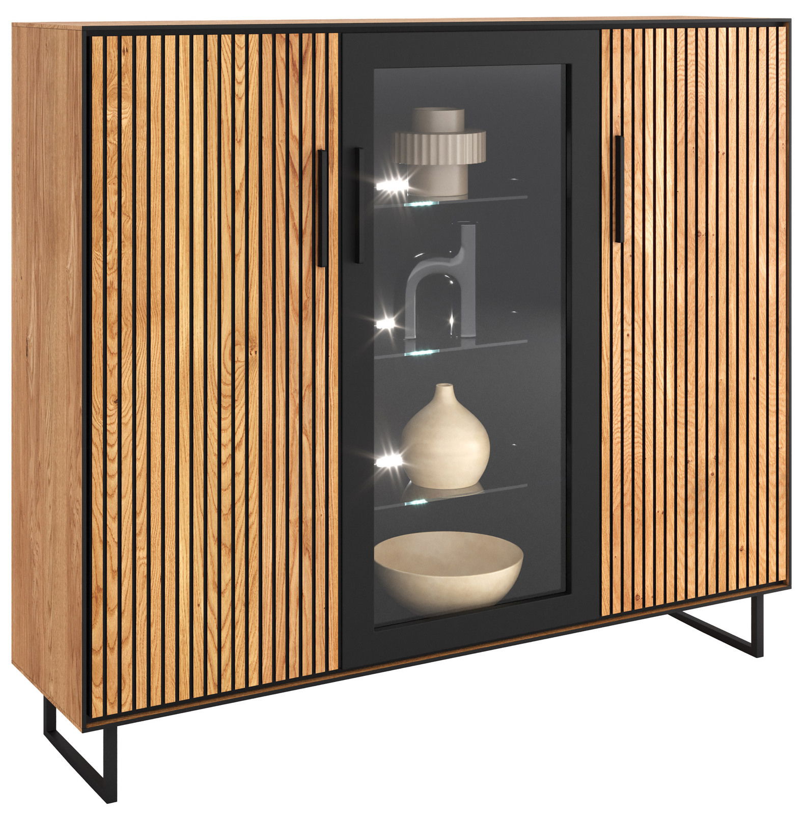 Modernes Highboard aus Holz mit vertikalen Streifen und Glastür in der Mitte, seitliche Perspektive