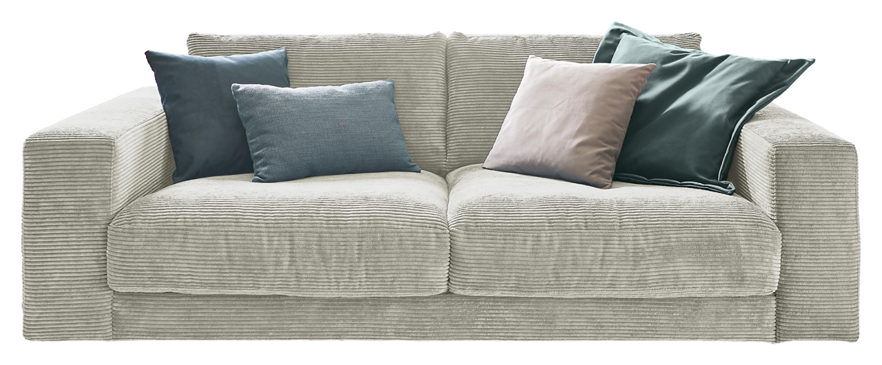 Lounge Handmade Sofa 2-Sitzer LH-SAMBIA Zweisitzer-Sofa mit hellgrauem Cordbezug, frontal fotografiert, dekoriert mit vier Kissen in verschiedenen Blautönen.