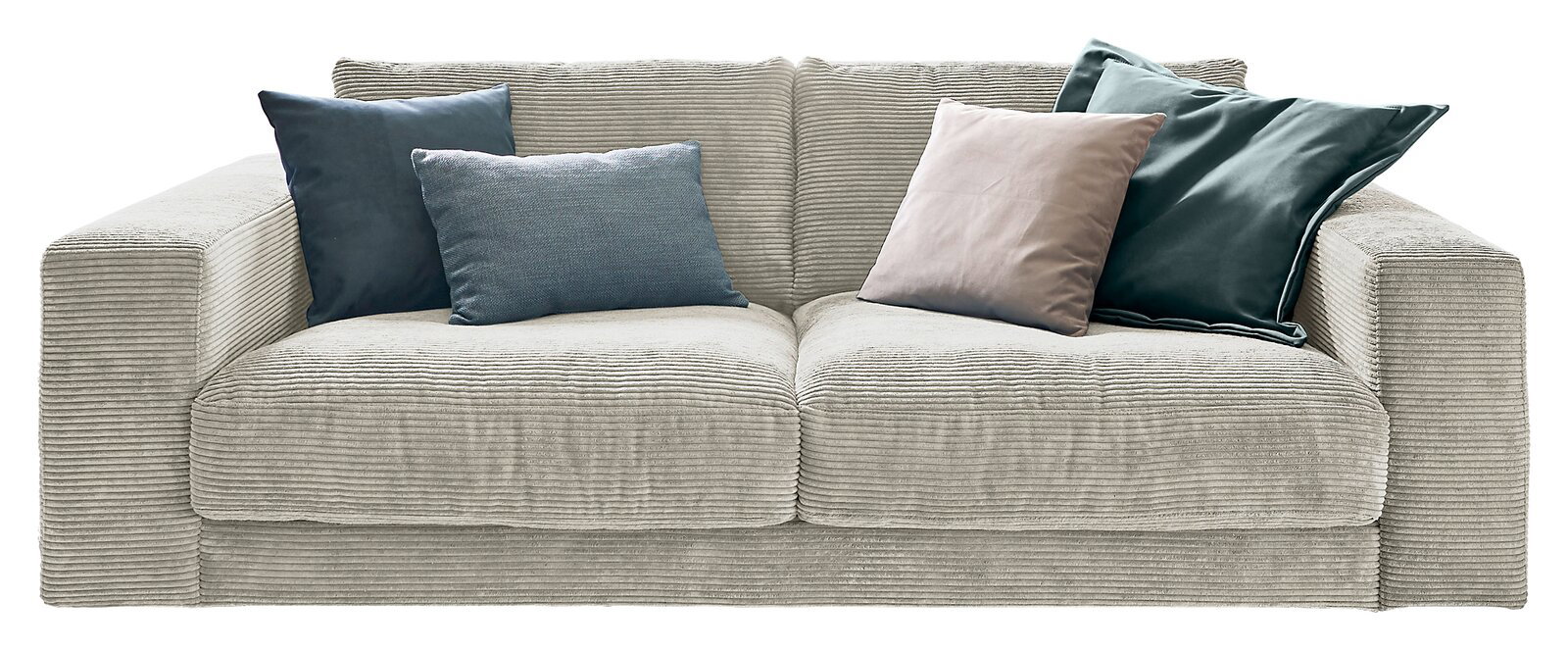 Zweisitzer-Sofa mit hellgrauem Cordbezug, frontal fotografiert, dekoriert mit vier Kissen in verschiedenen Blautönen.