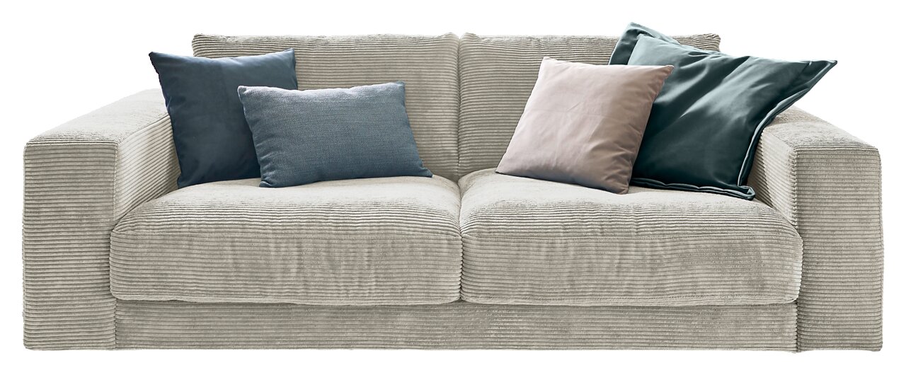 Zweisitzer-Sofa mit hellgrauem Cordbezug, frontal fotografiert, dekoriert mit vier Kissen in verschiedenen Blautönen.