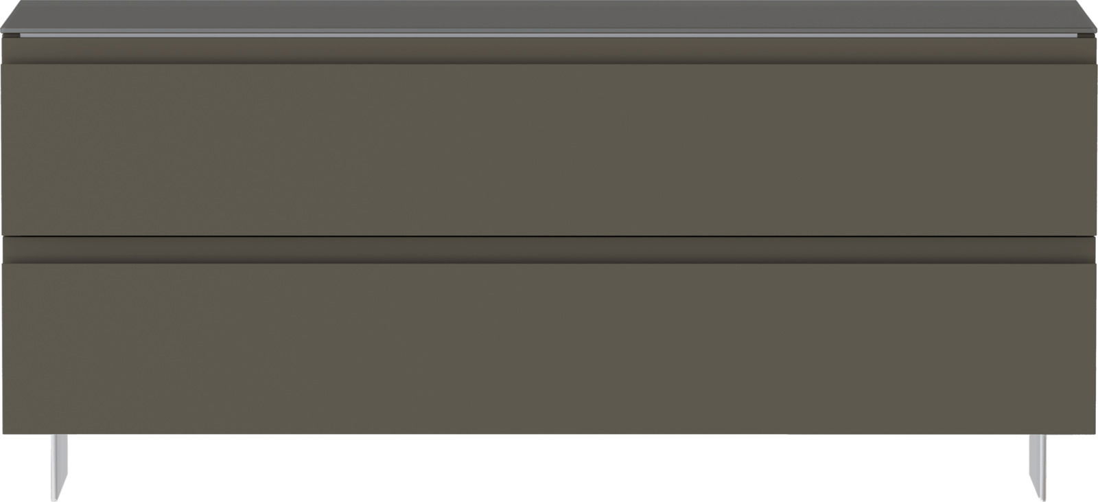 Frontansicht einer modernen, dunkelgrauen Garderobenbank mit zwei Schubladen und schlanken Metallbeinen.