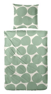 Beddengoedset in groen met een groot, abstract patroon, bovenaanzicht