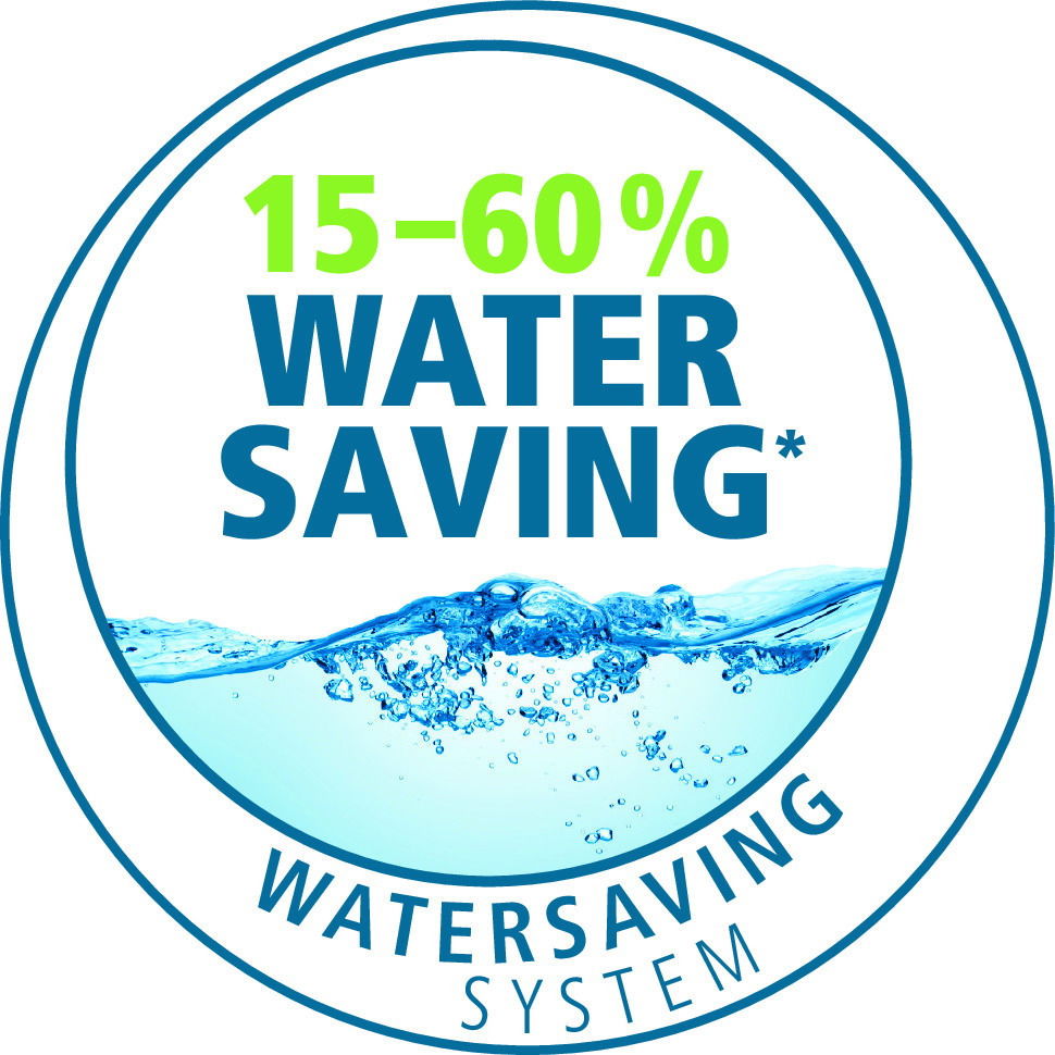 Rundes Logo mit der Aufschrift '15-60% Water Saving' und 'Watersaving System', mit einer Wasserwelle im unteren Bereich. Frontalansicht.