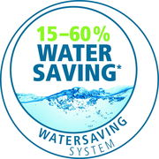 Rundes Logo mit der Aufschrift '15-60% Water Saving' und 'Watersaving System', mit einer Wasserwelle im unteren Bereich. Frontalansicht.