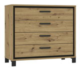 Kommode aus Holz mit vier Schubladen, schwarze Griffe und Rahmen, seitliche Perspektive