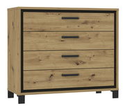 Kommode aus Holz mit vier Schubladen, schwarze Griffe und Rahmen, seitliche Perspektive