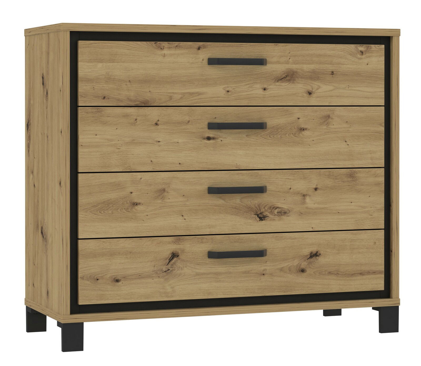 Kommode aus Holz mit vier Schubladen, schwarze Griffe und Rahmen, seitliche Perspektive