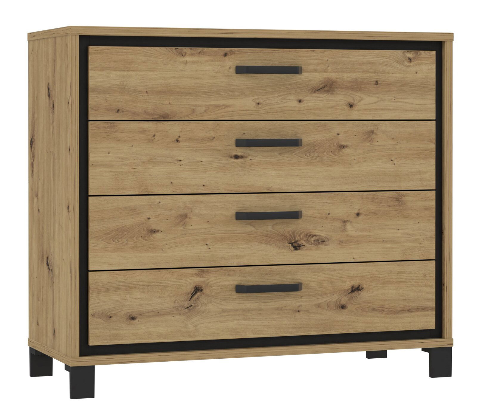 Z2 Kommode TRONDHEIM Kommode aus Holz mit vier Schubladen, schwarze Griffe und Rahmen, seitliche Perspektive