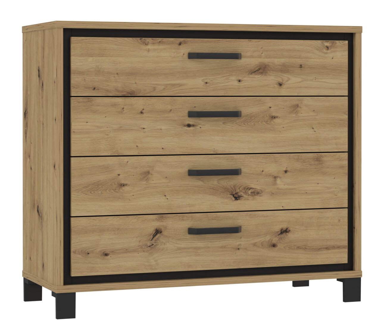 Kommode aus Holz mit vier Schubladen, schwarze Griffe und Rahmen, seitliche Perspektive